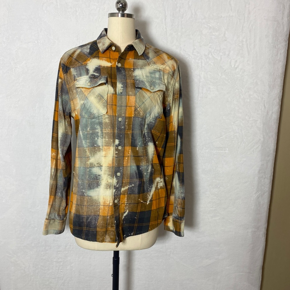 Urban Pipeline Southern Rock Free Bird Mens Plaid Flannel Shirt Bleach Dye Grung